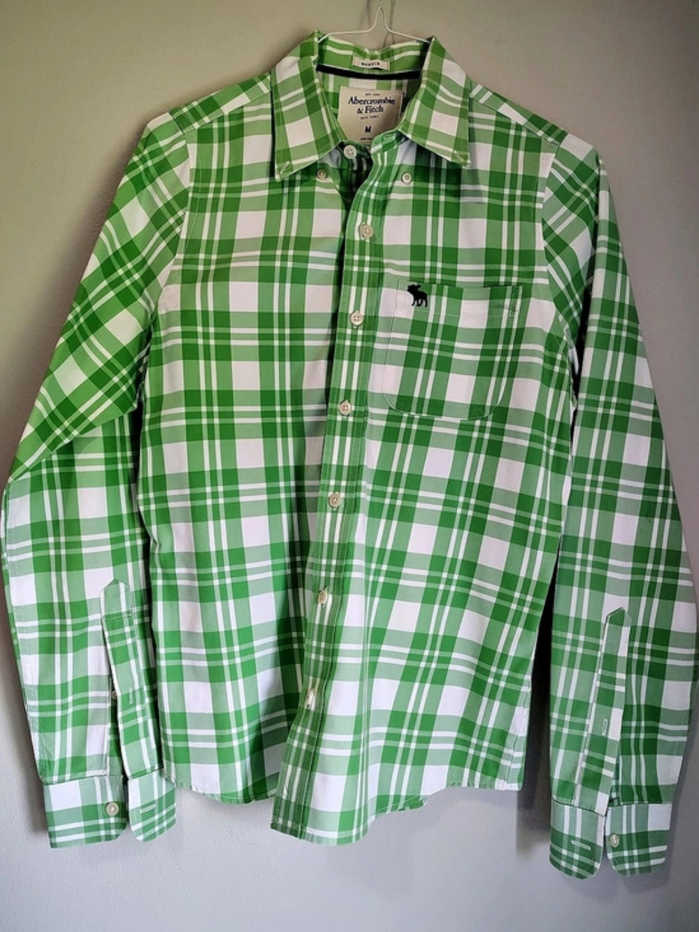 VINTAGE Abercrombie & Fitch Plaid Button Down Shirt Green & White Medium